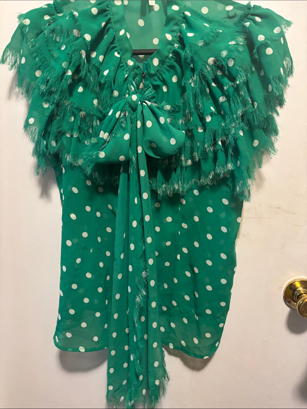 Truth Green Polka Dot Ruffled Tie-Neck Blouse